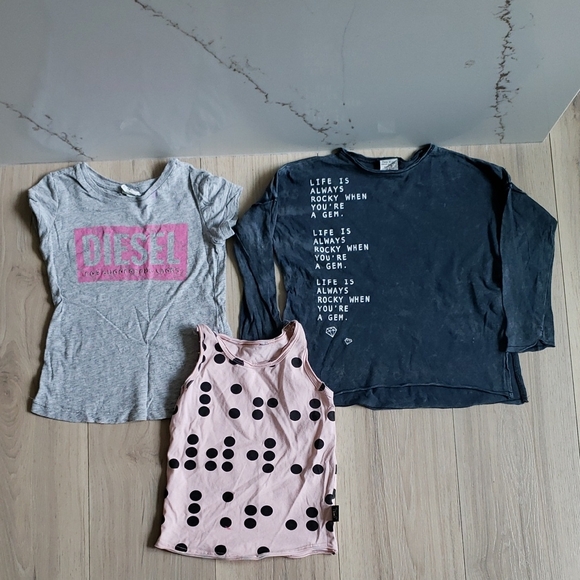 Zara Gray Gem Shirt 5 Diesel Tee 4 Nununu Pink Braille Tank 4-5 Girls Set - Picture 1 of 8